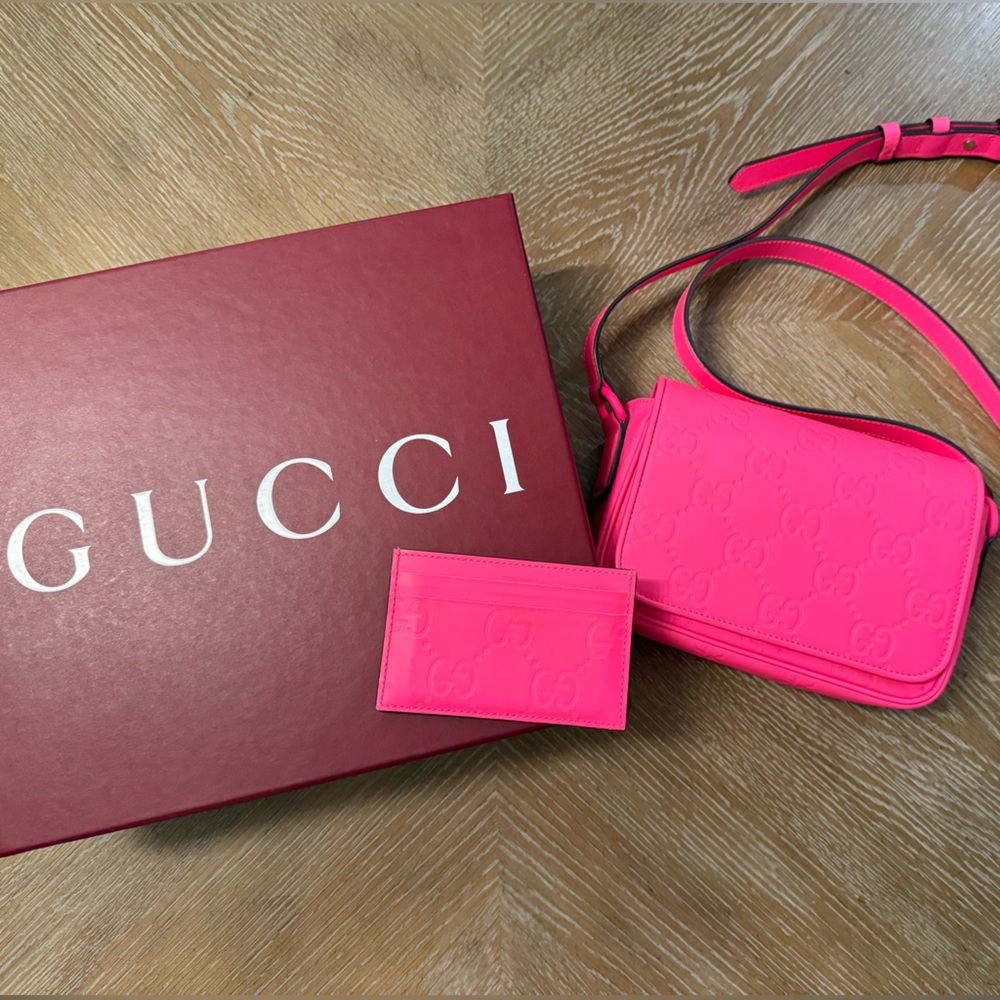 RARE Gucci GG Rubber Effect Super Mini Bag and Wallet Fuchsia Leather